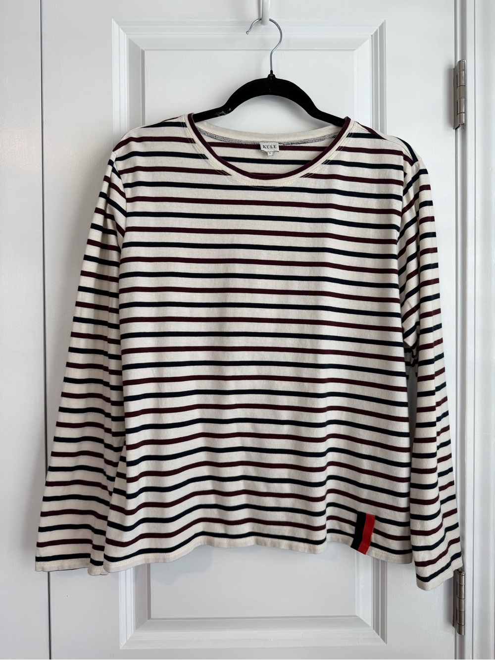 KULE Women’s Striped Modern Long Sleeve Cream Navy Burgundy Size Large